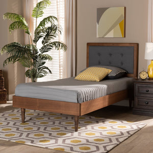 Baxton Studio Baxton Greta Mid-Century Modern Twin Platform Bed with Dark Grey Upholstery & Walnut Finish Elegance Greta-Dark Grey/Ash Walnut-Twin