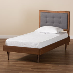 Baxton Studio Baxton Greta Mid-Century Modern Twin Platform Bed with Dark Grey Upholstery & Walnut Finish Elegance Greta-Dark Grey/Ash Walnut-Twin