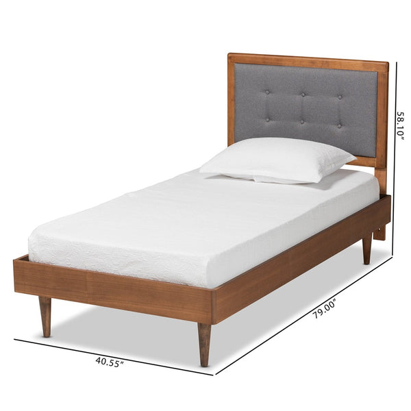 Baxton Studio Baxton Greta Mid-Century Modern Twin Platform Bed with Dark Grey Upholstery & Walnut Finish Elegance Greta-Dark Grey/Ash Walnut-Twin