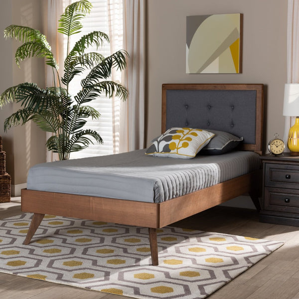 Baxton Studio Baxton Studio Alida Mid-Century Twin Platform Bed in Dark Grey Fabric with Walnut Wood Frame Alida-Dark Grey/Ash Walnut-Twin