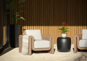 Sunpan Tibi Handwoven Wicker Lounge Chair with Boucle Cushion for Indoor Outdoor Living 111679V