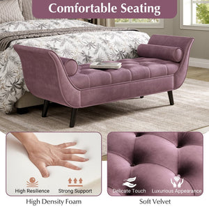 English Elm Upholstered Velvet Tufted Bench with Bolster Pillows Solid Oak Legs Bedroom Entryway Purple N761P304407P