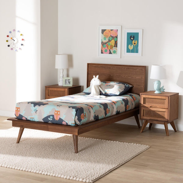 Baxton Studio Baxton Studio Mid-Century Modern Walnut Brown Wood and Rattan Bedroom Set for Stylish Sleep Spaces Melora Twin 3-Piece MG0004-Ash Walnut-Twin 3PC Bedroom Set