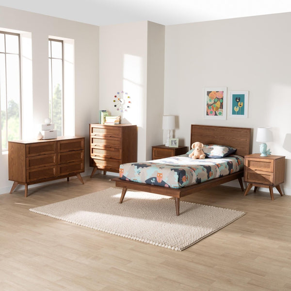 Baxton Studio Baxton Studio Mid-Century Modern Bedroom Set with Walnut Finish, Rattan Accents & Ample Storage Melora Twin 5-Piece MG0004-Ash Walnut-Twin 5PC Bedroom Set