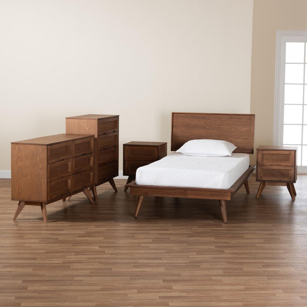Baxton Studio Baxton Studio Mid-Century Modern Bedroom Set with Walnut Finish, Rattan Accents & Ample Storage Melora Twin 5-Piece MG0004-Ash Walnut-Twin 5PC Bedroom Set