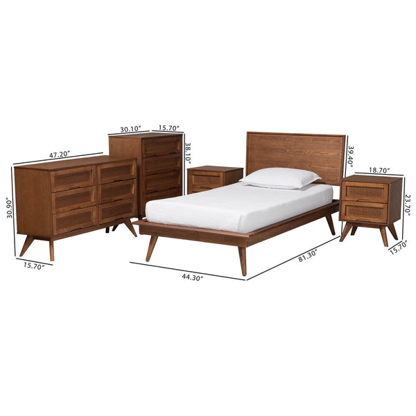 Baxton Studio Baxton Studio Mid-Century Modern Bedroom Set with Walnut Finish, Rattan Accents & Ample Storage Melora Twin 5-Piece MG0004-Ash Walnut-Twin 5PC Bedroom Set