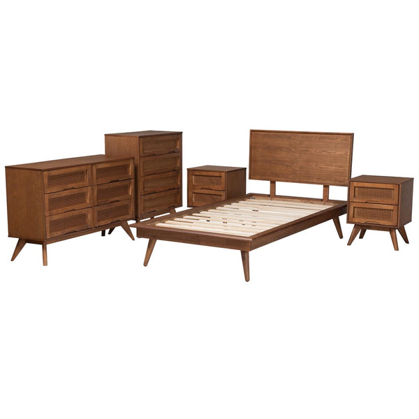 Baxton Studio Baxton Studio Mid-Century Modern Bedroom Set with Walnut Finish, Rattan Accents & Ample Storage Melora Twin 5-Piece MG0004-Ash Walnut-Twin 5PC Bedroom Set