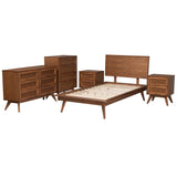 Baxton Studio Melora Mid-Century Modern Walnut Brown Finished Wood and Rattan Twin Size 5-Piece Bedroom Set