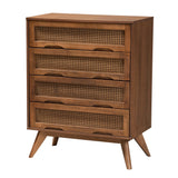 Baxton Studio Melora Mid-Century Modern Walnut Brown Finished Wood and Rattan Twin Size 5-Piece Bedroom Set