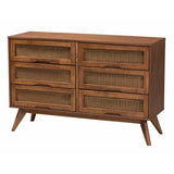 Baxton Studio Melora Mid-Century Modern Walnut Brown Finished Wood and Rattan Twin Size 5-Piece Bedroom Set