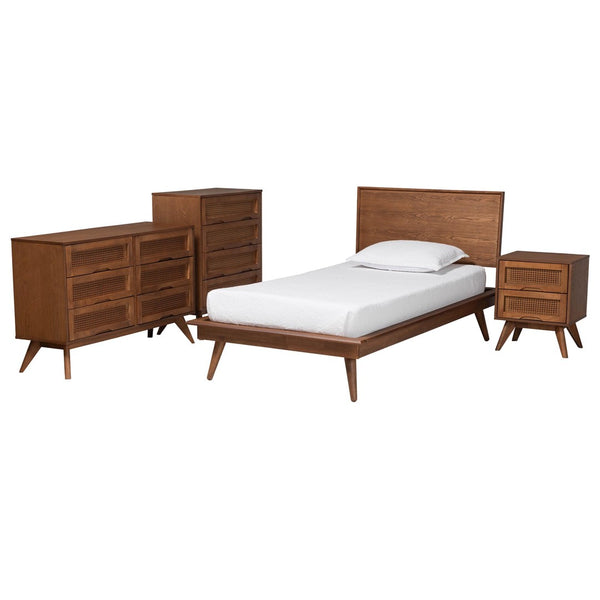 Baxton Studio Baxton Studio Mid-Century Modern Walnut Brown Wood and Rattan Bedroom Set for Stylish Sleep Spaces Melora Twin MG0004-Ash Walnut-Twin 4PC Bedroom Set