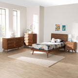 Baxton Studio Melora Mid-Century Modern Walnut Brown Finished Wood and Rattan Twin Size 4-Piece Bedroom Set