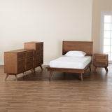 Baxton Studio Melora Mid-Century Modern Walnut Brown Finished Wood and Rattan Twin Size 4-Piece Bedroom Set