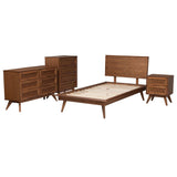 Baxton Studio Melora Mid-Century Modern Walnut Brown Finished Wood and Rattan Twin Size 4-Piece Bedroom Set