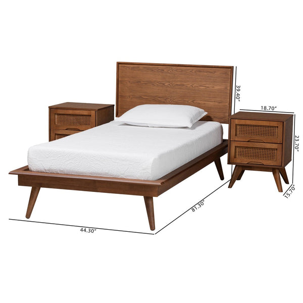 Baxton Studio Baxton Studio Mid-Century Modern Walnut Brown Wood and Rattan Bedroom Set for Stylish Sleep Spaces Melora Twin 3-Piece MG0004-Ash Walnut-Twin 3PC Bedroom Set