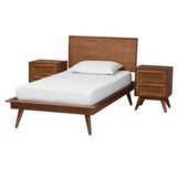 Melora Mid-Century Modern Walnut Brown Finished Wood and Rattan Twin Size Bedroom Set