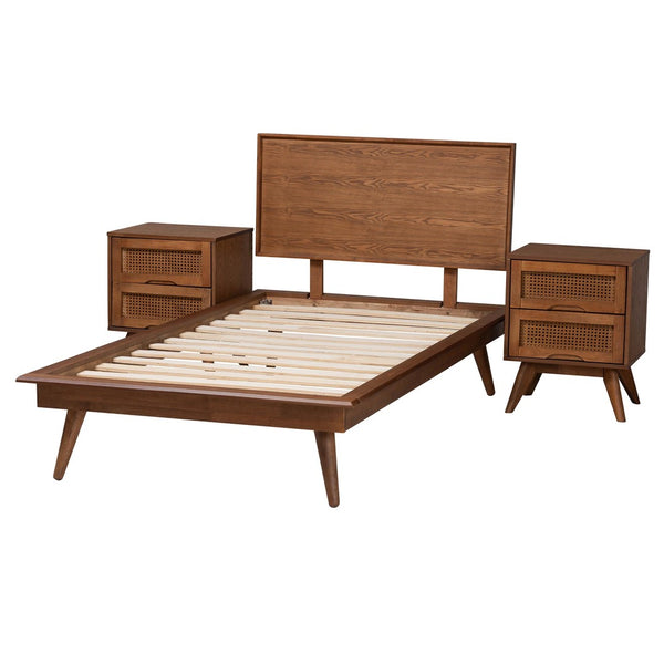 Baxton Studio Baxton Studio Mid-Century Modern Walnut Brown Wood and Rattan Bedroom Set for Stylish Sleep Spaces Melora Twin 3-Piece MG0004-Ash Walnut-Twin 3PC Bedroom Set