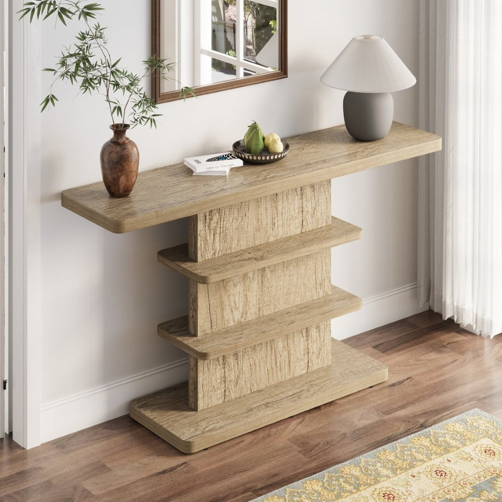 English Elm 63"vintage Walnut Console Table Two Open Shelves Slim Hallway Living Room Accent W757P399693