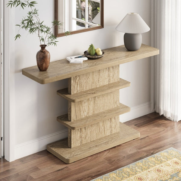 English Elm 63"vintage Walnut Console Table Two Open Shelves Slim Hallway Living Room Accent W757P399693