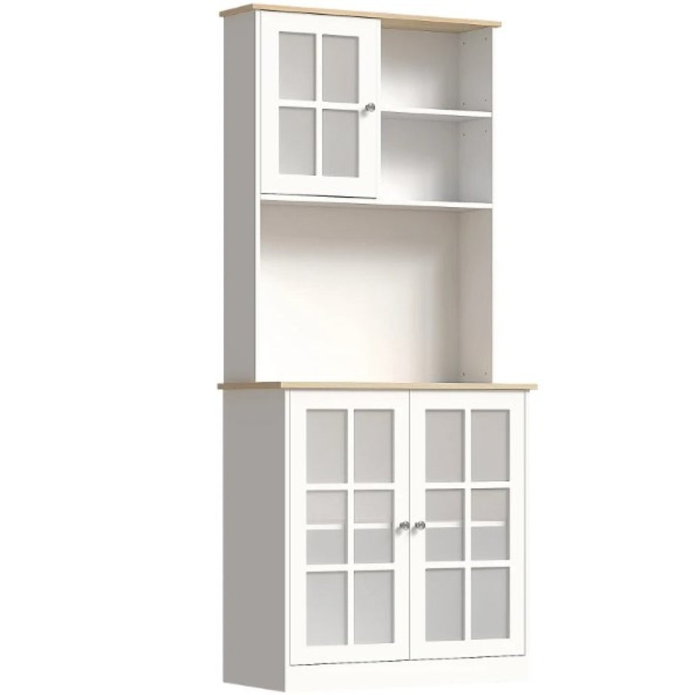 English Elm Freestanding Pantry Cabinet with Glass Doors Open Shelf and Adjustable Storage Zones T3971P416354