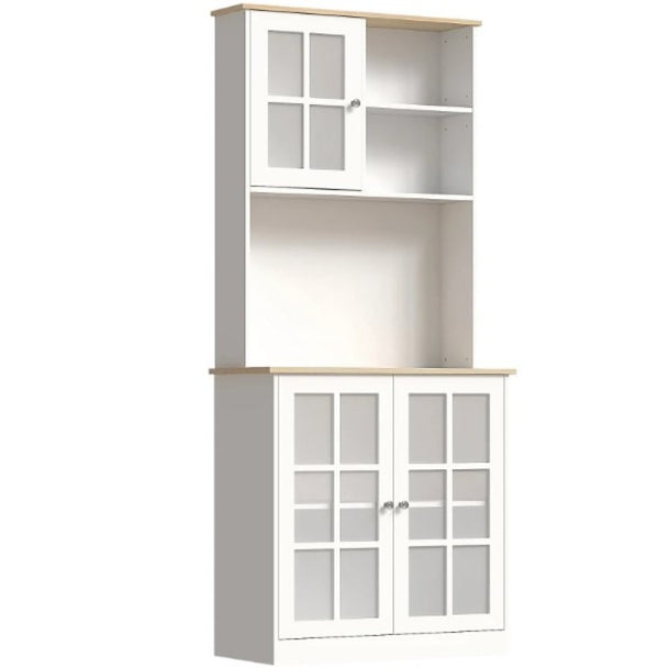 English Elm Freestanding Pantry Cabinet with Glass Doors Open Shelf and Adjustable Storage Zones T3971P416354