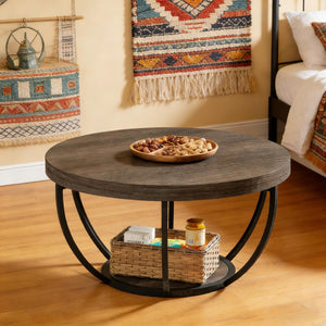 English Elm 2-tier Round Coffee Table Engineered Wood Top Arc Steel Legs Living Room Accent Black,Gray T3971P453344