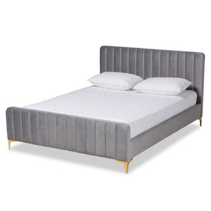 Baxton Studio Baxton Studio Nami Luxe Velvet Upholstered Queen Platform Bed with Gold Metal Legs for Glam Decor Grey CF0374-Light Grey-Queen