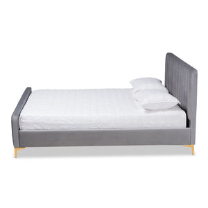 Baxton Studio Baxton Studio Nami Luxe Velvet Upholstered Queen Platform Bed with Gold Metal Legs for Glam Decor Grey CF0374-Light Grey-Queen