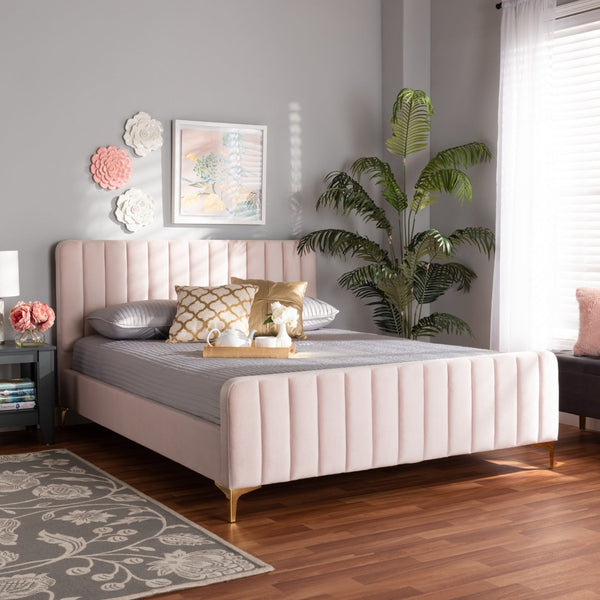 Baxton Studio Baxton Studio Nami Luxe Velvet Upholstered Queen Platform Bed with Gold Metal Legs for Glam Decor Pink CF0374-Light Pink-Queen