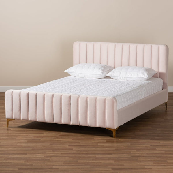 Baxton Studio Baxton Studio Nami Luxe Velvet Upholstered Queen Platform Bed with Gold Metal Legs for Glam Decor Pink CF0374-Light Pink-Queen