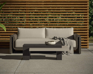 Sunpan Tibi Outdoor Curved Wicker Sofa with Boucle Cushions for Patio and Sunroom 111862V
