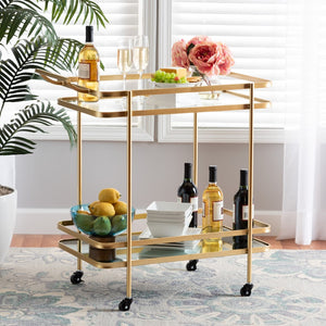 Baxton Studio Baxton Modern Glam Mobile Wine Bar Cart in Brushed Gold & Mirrored Glass - Stylish & Functional! JY20A263-Gold-Cart