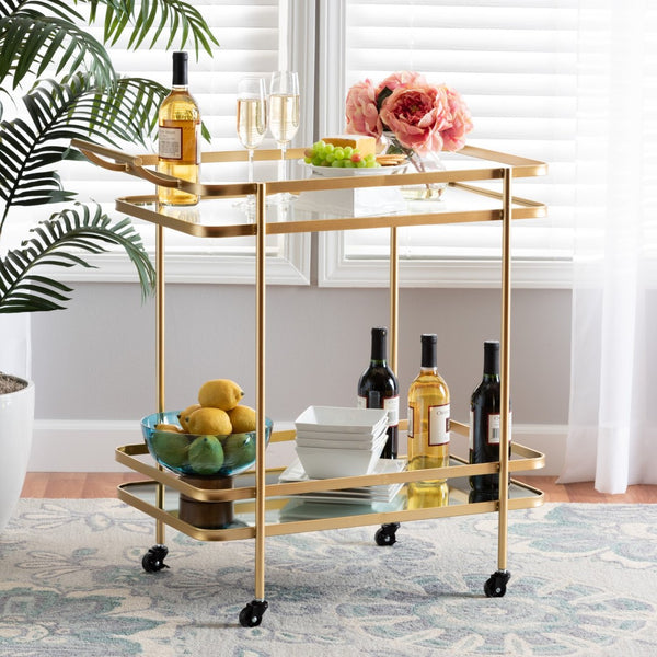 Baxton Studio Baxton Modern Glam Mobile Wine Bar Cart in Brushed Gold & Mirrored Glass - Stylish & Functional! JY20A263-Gold-Cart