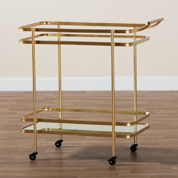 Baxton Studio Baxton Modern Glam Mobile Wine Bar Cart in Brushed Gold & Mirrored Glass - Stylish & Functional! JY20A263-Gold-Cart