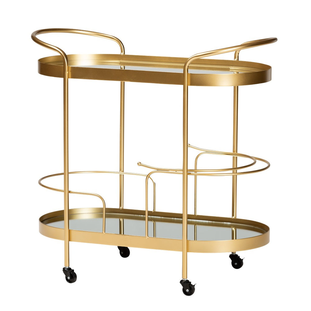 Baxton Studio Baxton Studio Kamal 2-Tier Mobile Wine Bar Cart - Glam Gold Frame & Glass Shelves for Chic Entertaining JY20A268-Gold-Cart