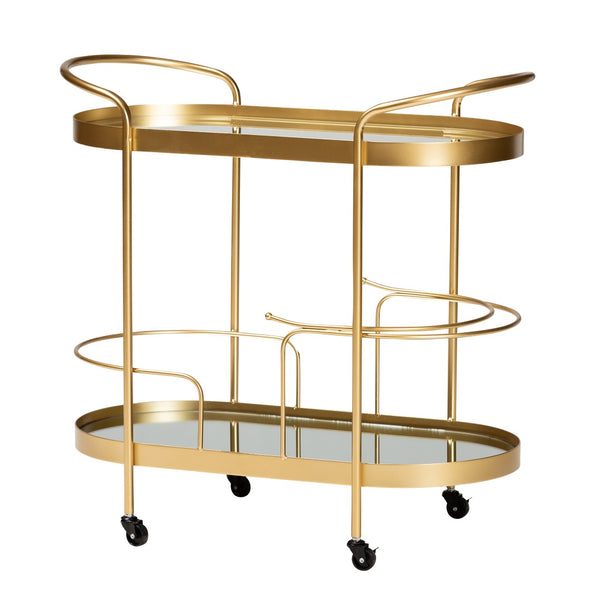 Baxton Studio Baxton Studio Kamal 2-Tier Mobile Wine Bar Cart - Glam Gold Frame & Glass Shelves for Chic Entertaining JY20A268-Gold-Cart