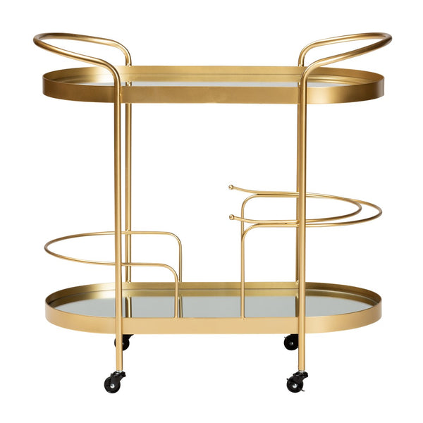 Baxton Studio Baxton Studio Kamal 2-Tier Mobile Wine Bar Cart - Glam Gold Frame & Glass Shelves for Chic Entertaining JY20A268-Gold-Cart