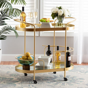 Baxton Studio Baxton Studio Kamal 2-Tier Mobile Wine Bar Cart - Glam Gold Frame & Glass Shelves for Chic Entertaining JY20A268-Gold-Cart