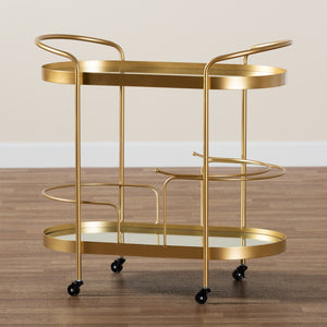 Baxton Studio Baxton Studio Kamal 2-Tier Mobile Wine Bar Cart - Glam Gold Frame & Glass Shelves for Chic Entertaining JY20A268-Gold-Cart
