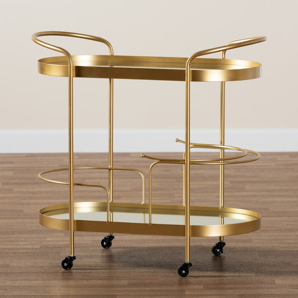 Baxton Studio Baxton Studio Kamal 2-Tier Mobile Wine Bar Cart - Glam Gold Frame & Glass Shelves for Chic Entertaining JY20A268-Gold-Cart