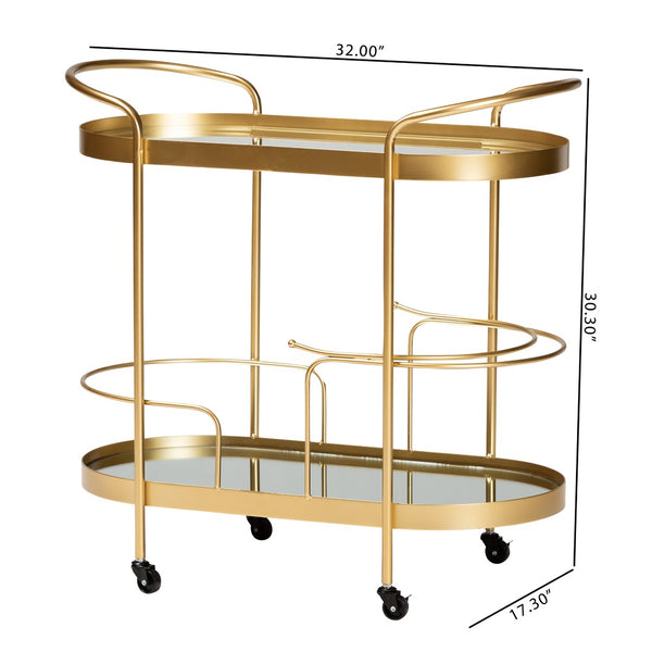 Baxton Studio Baxton Studio Kamal 2-Tier Mobile Wine Bar Cart - Glam Gold Frame & Glass Shelves for Chic Entertaining JY20A268-Gold-Cart