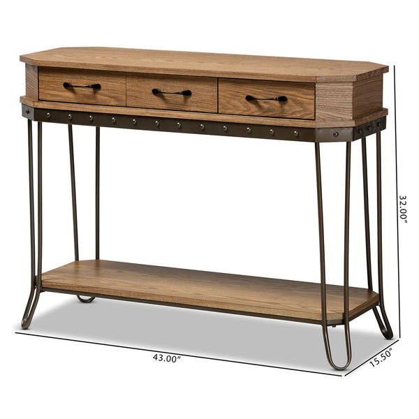Baxton Studio Baxton Studio Vintage Industrial 3-Drawer Console Table in Oak Brown & Black Metal for Entryway Style JY20A066-Oak-Console