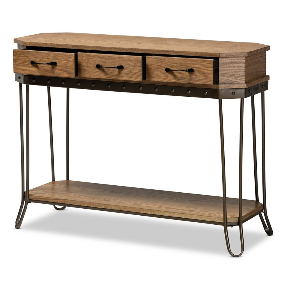 Baxton Studio Baxton Studio Vintage Industrial 3-Drawer Console Table in Oak Brown & Black Metal for Entryway Style JY20A066-Oak-Console