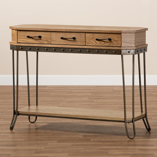 Baxton Studio Baxton Studio Vintage Industrial 3-Drawer Console Table in Oak Brown & Black Metal for Entryway Style JY20A066-Oak-Console