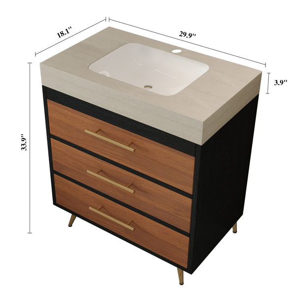 English Elm Modern Freestanding Bathroom Vanity with Vessel Sink Sintered Stone Gold Steel Legs W3136S00052