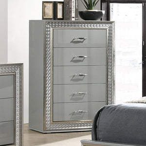 English Elm Glam Metallic Gray 5-Drawer Chest with Scale Molding Trim, Felt Lined Drawers, Durable Wood 49"H B2741P369860