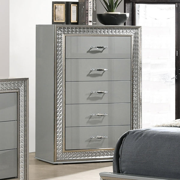 English Elm Glam Metallic Gray 5-Drawer Chest with Scale Molding Trim, Felt Lined Drawers, Durable Wood 49"H B2741P369860