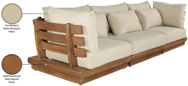Meridian Furniture Mirella Solid Teak Frame Outdoor Modular Sofa with Plush Water Resistant Cushions for Patio Tan 3pc. 113" W - A 111Tan-S3A