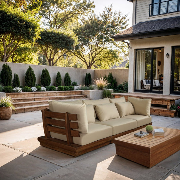 Meridian Furniture Mirella Solid Teak Frame Outdoor Modular Sofa with Plush Water Resistant Cushions for Patio Tan 3pc. 113" W - A 111Tan-S3A