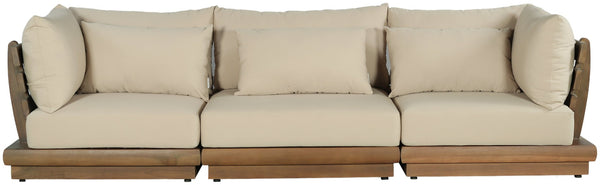 Meridian Furniture Mirella Solid Teak Frame Outdoor Modular Sofa with Plush Water Resistant Cushions for Patio Tan 3pc. 113" W - A 111Tan-S3A
